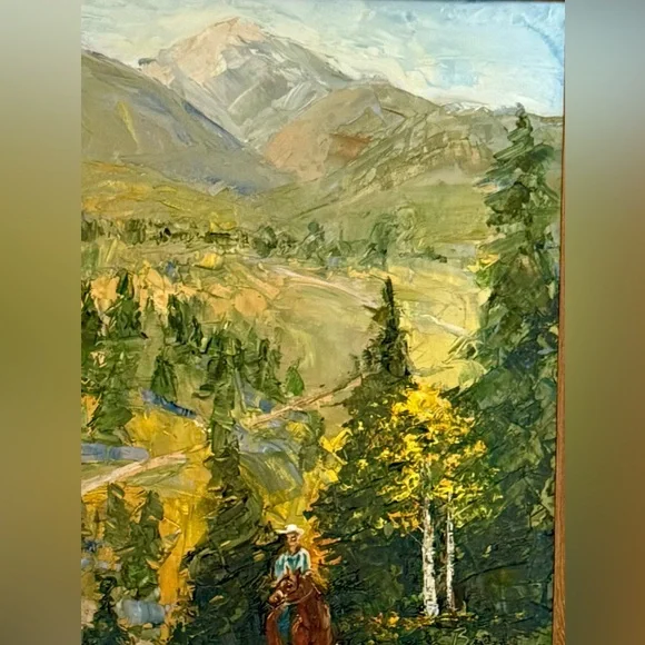 Original oil painting LANDSCAPE mountains cowboy horse trail ride signed framed
